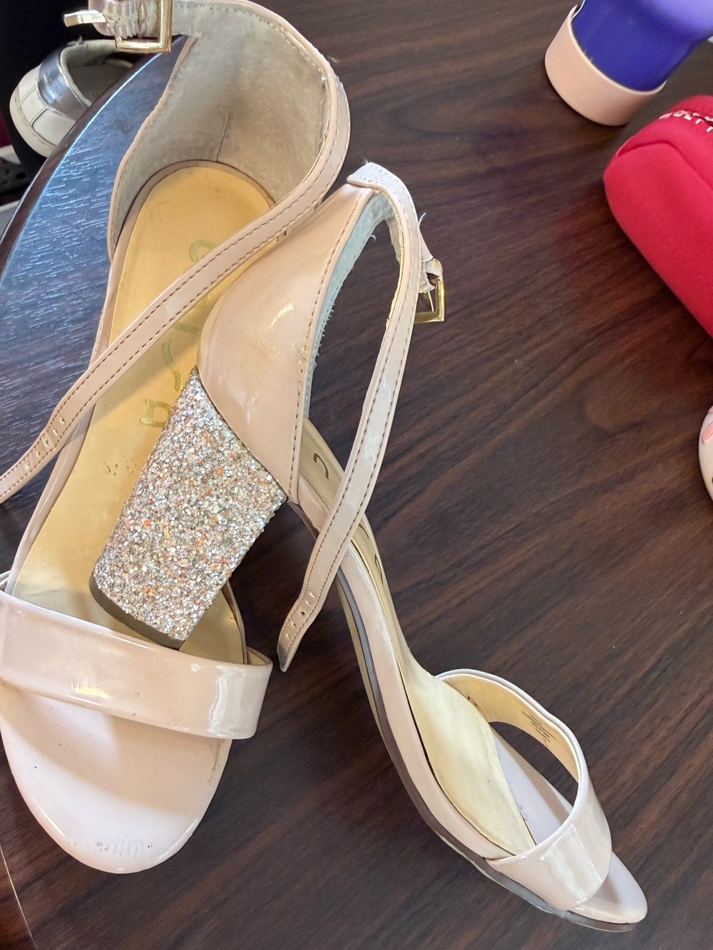 Unisa Nude Patent Slingback Heels with Glitter Block Heel